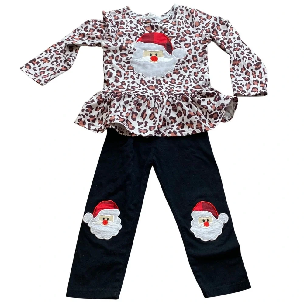 Girls 18-24M Santa Leopard Ruffle Top & Leggings Set Christmas‎ Outfit, Holidays